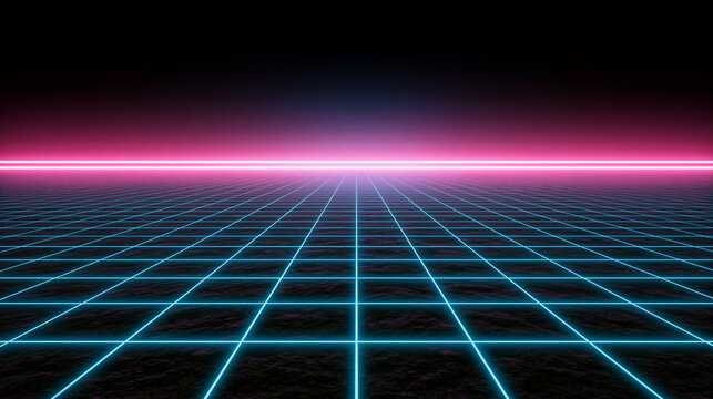 80s Synthwave Neon Grid Background: Futuristic and Colorful Cyberpunk Design
