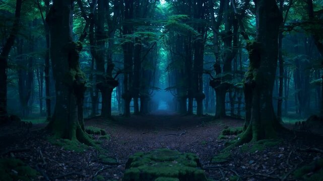 Filtering cool light, mossy stump revealing central corridor in mature forest toward bright point
