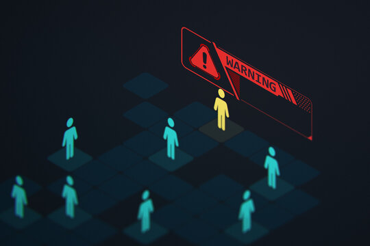Cyber security system alert warning flashing over a suspicious person. Abstract isometric 3d concept of threat detection, insider fraud, and hacker identification.