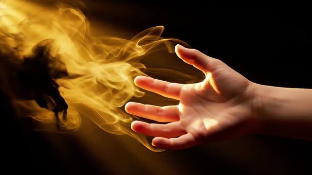 A hand with fingers outstretched appears to be conjuring or releasing golden smoke