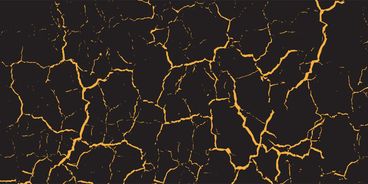 Gold cracks in the dark blue background. Marble effect seamless pattern. Vector illustration