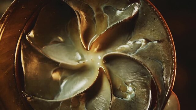 Showing round pastry folding six petal layers on wooden surface, glaze pooling in center, pan rim