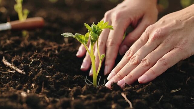 Lowering seedling into shallow hole in garden bare hands guiding roots pressing soil trowel nearby