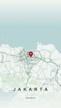 Modern minimalist vector map of Jakarta, Indonesia. High-quality scalable illustration of Metro Jakarta (Jabodetabek) city grid, Jakarta Bay, Ciliwung River, and urban infrastructure for posters.