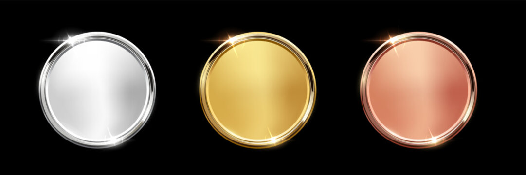Gold, silver, bronze circle medals. Metal coins. First, second, third place award frames isolated on black. Winners trophy. Blank shiny badge, label. Realistic vector illustrations set.