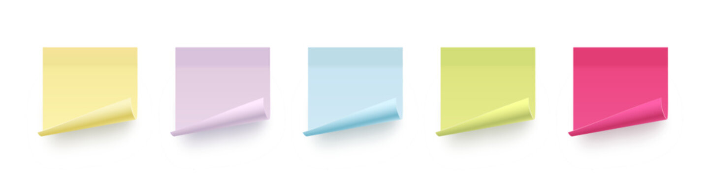 Post notes. Color sticky square note papers with curled corner. Blank adhesive notepad page templates isolated on white background. Realistic vector illustrations set for reminders and memos.