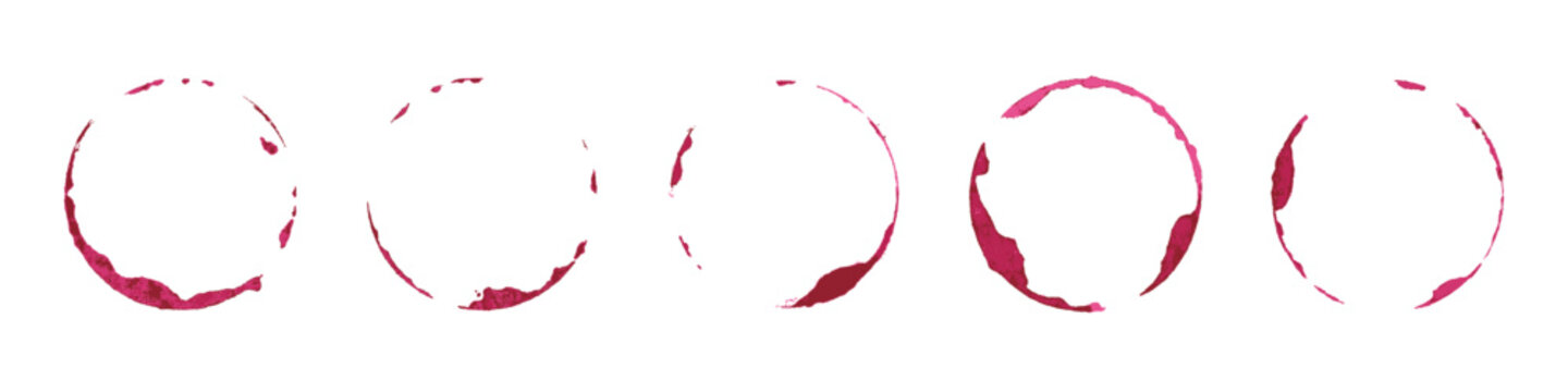 Wine glass stains set. Red circular wine rings and splashes on white background. Realistic beverage marks collection for bar or restaurant design, menu decoration. Texture vintage vector illustration.