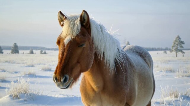 Filming brown horse with frosted coat, pale mane shifting, pricking ears, listening on snowy plain