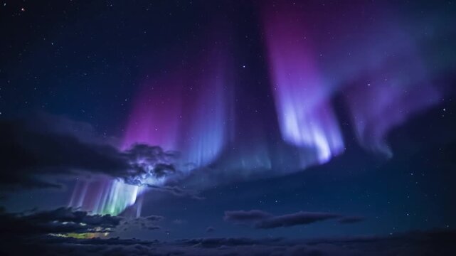 Shifting auroral curtains appearing left, brightening and sweeping over low cloud bank in night sky