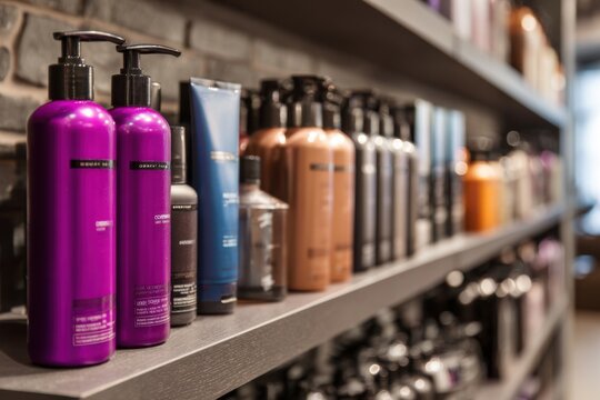 Shelves hold various hair care products neatly arranged in a store that serves customers during the day