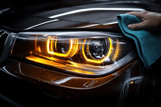 Technician restores a car headlight using a cloth to clean and improve clarity at a workshop in daytime
