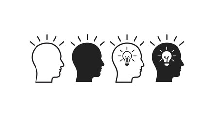 Human head icon set representing ideas, inspiration, and creativity in outline, solid, and light bulb styles © zrgraphicstore