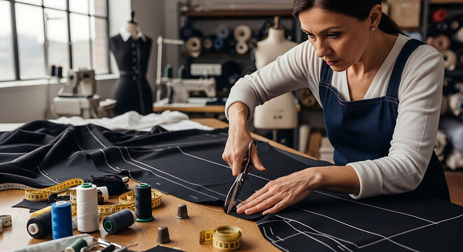 Professional seamstress cutting dark black textile material marked with white chalk patterns using sharp steel scissors on a studio workshop table near thread spools for bespoke garment tailoring.