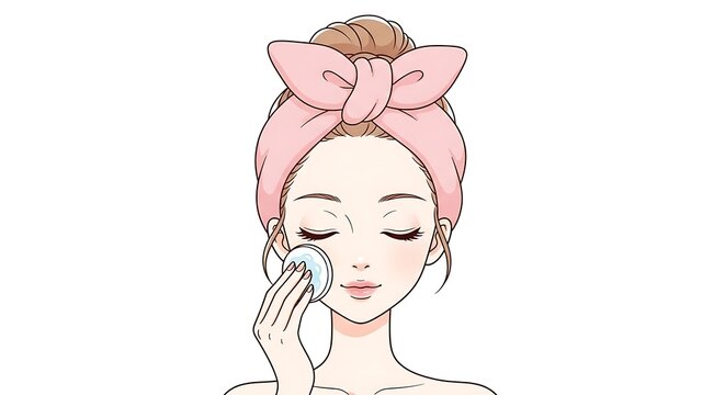 Beautiful young woman with a pink bow headband gently applying a facial cleansing pad to her cheek