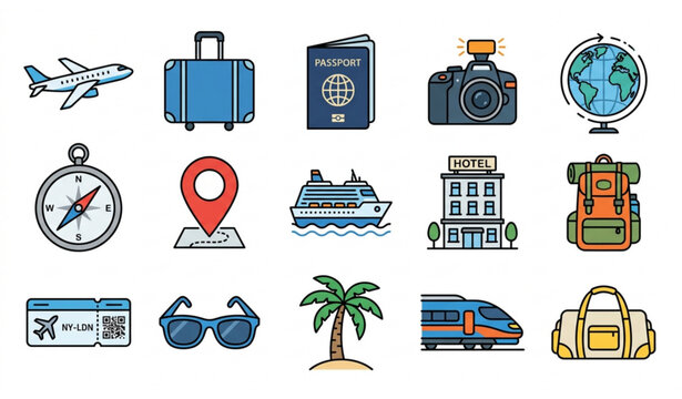 Travel and tourism vector icon collection. Colorful flat line icons of vacation essentials, transportation, hotel, and adventure gear.