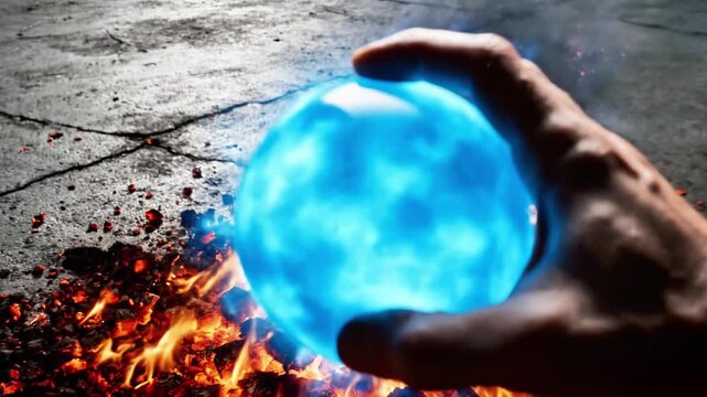 A hand holds a glowing blue orb amidst flames and destruction