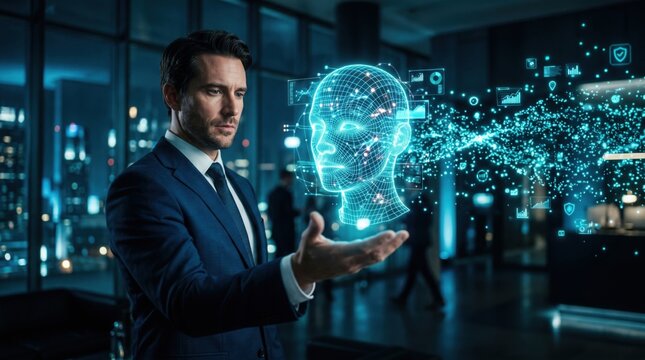 AI Innovation in Business: A businessman in a sharp suit holds a holographic projection of a human head, symbolizing artificial intelligence and advanced technology, amidst a sleek.