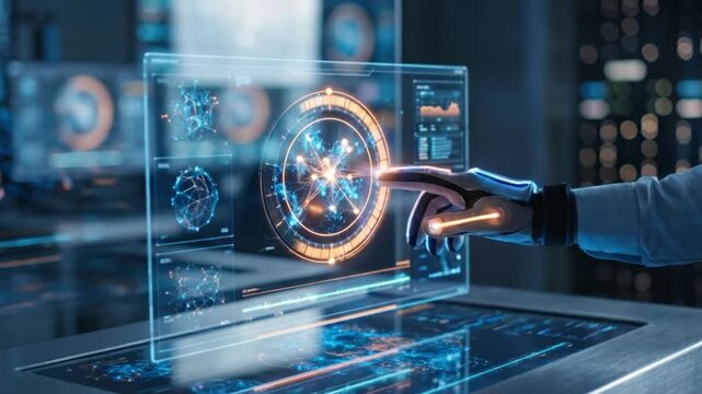 Futuristic interaction with holographic interface in a high-tech laboratory environment depicting advanced technology and innovation