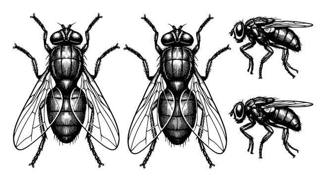 Detailed illustrations of flies in various poses and angles