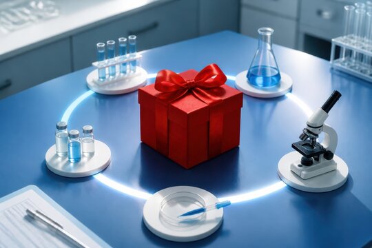 Red gift box surrounded by laboratory glassware and microscope on blue science table with glowing ring concept