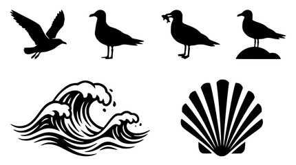 Fototapeta premium Black silhouettes of seagulls and ocean waves with a seashell