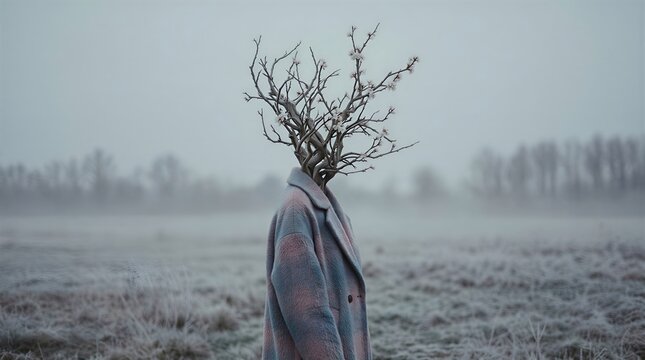 Surreal figure with a blooming tree for a head in a misty, frosted landscape