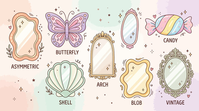A whimsical collection of decorative mirrors in various charming shapes and styles, including butterfly, shell, candy, arch, blob, vintage, and asymmetric designs.