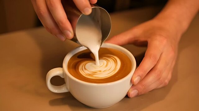 Latte art coffee cup milk pouring hand in warm cafe scene with espresso drink on table