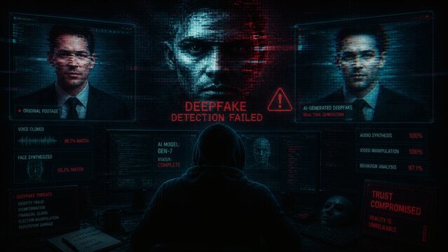 Dark hacker screen with deepfake detection failure message and facial recognition error