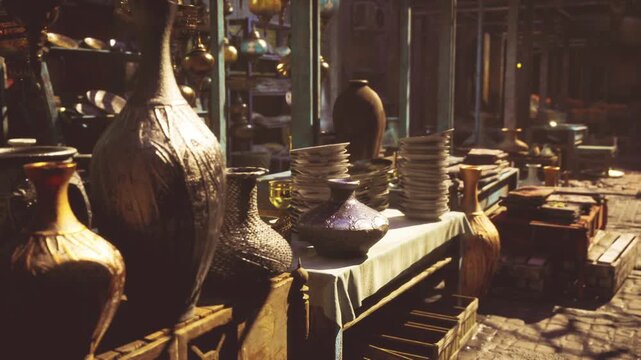 Twilight medina alley with antique lamps, vintage dealer arranging displays at quiet stall, soft shadows and bronze reflections, worn tiles and damp pavement,