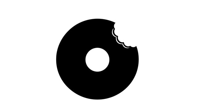 Black donut with bite taken out.