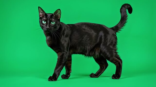 Black cat walking and exploring on green background.
