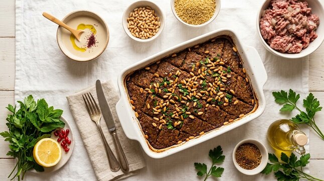 Kibbeh bil Sanieh Baked Dish on Plate &ndash; Lebanese Layered Meat Bulgur Tray
