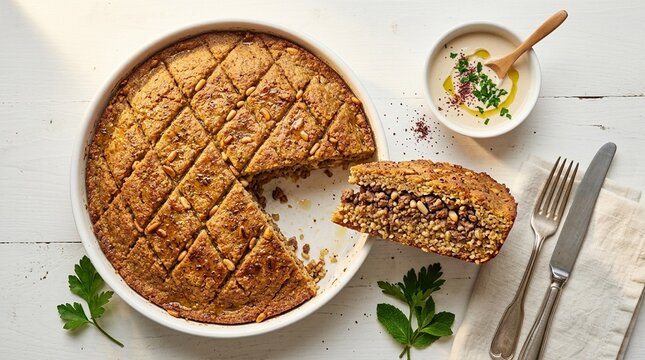 Kibbeh bil Sanieh Baked Dish on Plate &ndash; Lebanese Layered Meat Bulgur Tray