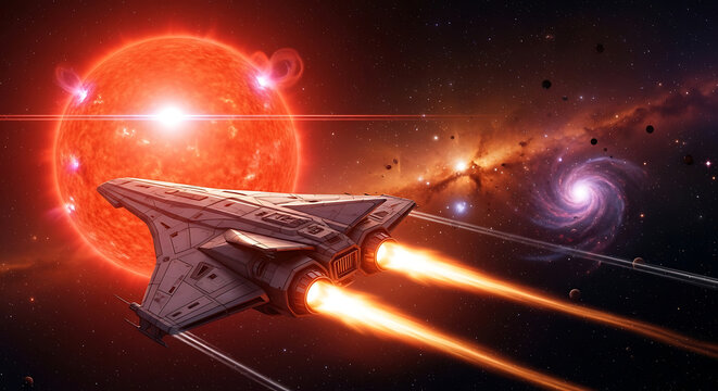 Futuristic sci-fi spaceship exploring deep space nebula near a glowing massive red giant star while intense ion engines burn bright with cosmic energy and light in the dark universe.