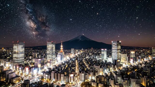 Time-lapse of the cityscape in Japan changing from sunset to night with illuminated buildings, Mount Fuji and starry night sky.