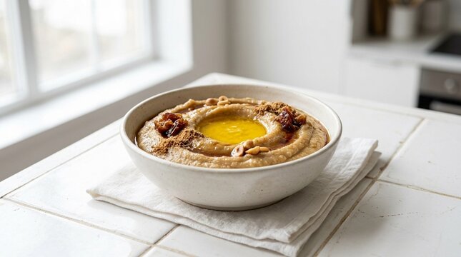 Libyan Asida Porridge in White Bowl &ndash; Traditional North African Wheat Dough