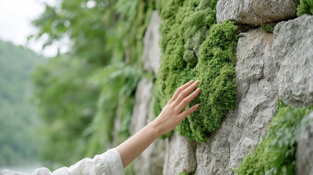 石垣に生える苔に触れる女性の手。緑豊かな森を背景にした自然との接触。壁一面を覆う植物の質感