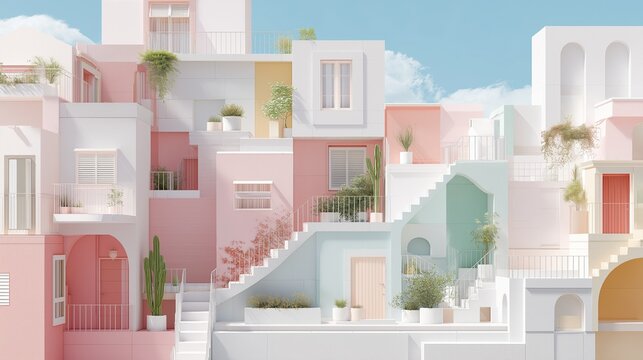 パステルカラーの建物が重なり合う幻想的な街並みのイラスト。多くの階段とサボテン。建築的な構図