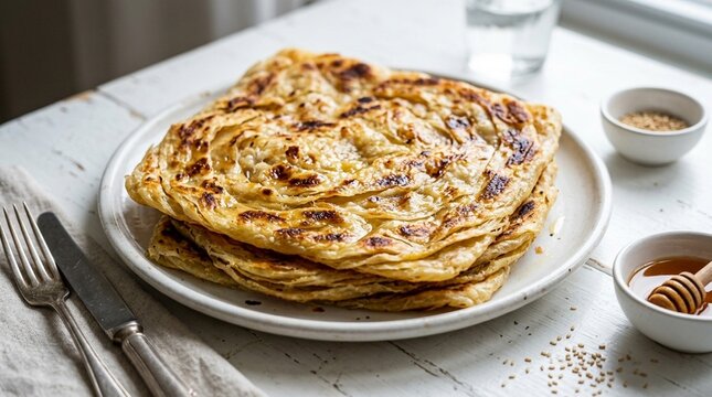 Msemen Layered Flatbread on Plate &ndash; Moroccan Square Laminated Pancake