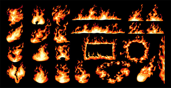 Abstract flame shapes in line, circle and square fire effects geometric forms. Dynamic energy, heat and glowing combustion elements. Vector power, intensity and visual blaze outcomes collection