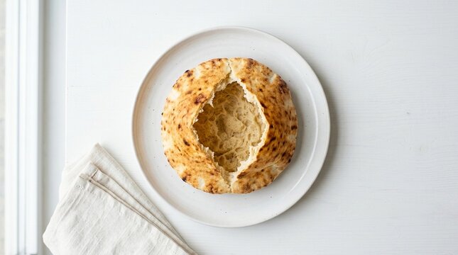 Pita Bread Pocket on White Plate &ndash; Fresh Opened Khubz Arabic Flatbread