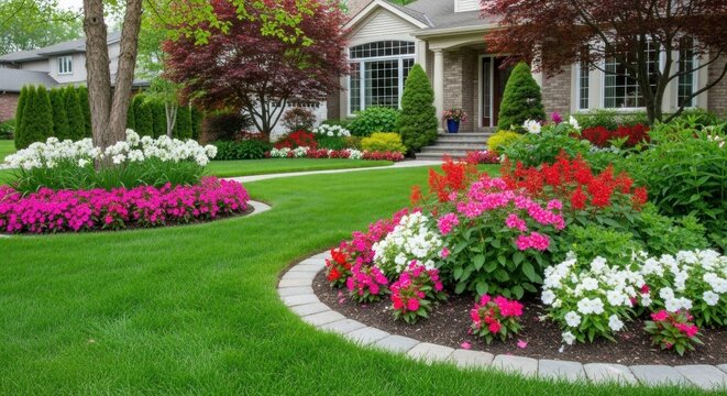 Beautiful front yard garden with colorful blooming flowers and green lawn in front of a modern suburban house in spring