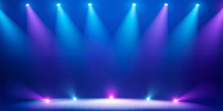 An illuminated blue stage spotlight casts a vibrant color over the nightclub dance floor, creating a dramatic laser and smoke design for a live music concert performance