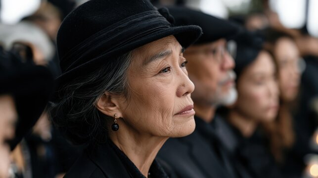 Grieving widow in black clothing at funeral ceremony, mourning family members during memorial service, sorrow, loss, remembrance and bereavement concept