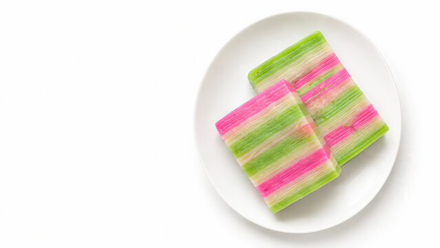 Kueh lapis di Singapore con strati colorati su piatto bianco. Generative AI 