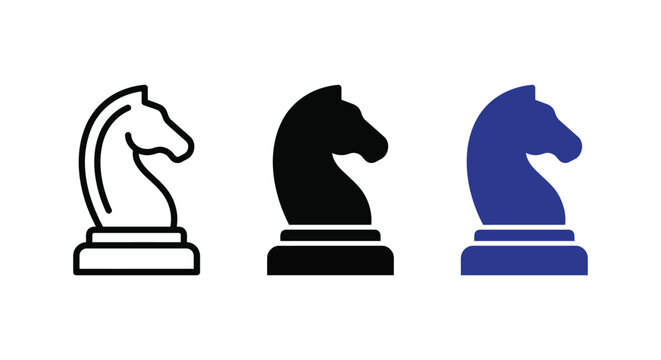 Chess knight icon set representing strategy, competition, and board game in outline, solid, and colored styles