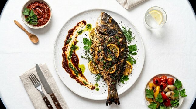 Whole Grilled Fish on White Plate &ndash; Arabic Samak Mashwi with Herbs