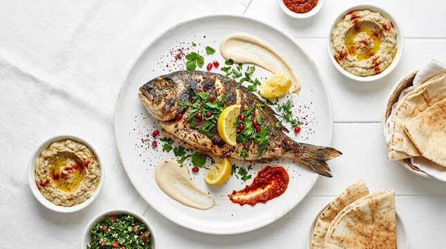 Whole Grilled Fish on White Plate &ndash; Arabic Samak Mashwi with Herbs
