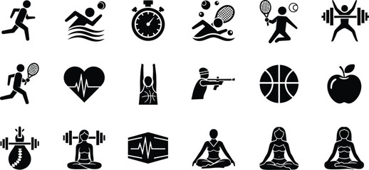 Obraz premium Black silhouette icons representing various sports fitness and healthy lifestyle activities